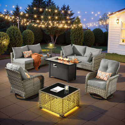6-Person  All-Weather Wicker Outdoor Sectional With Cushions,Swivel Rockers,Led Coffee Table And Fire Pit