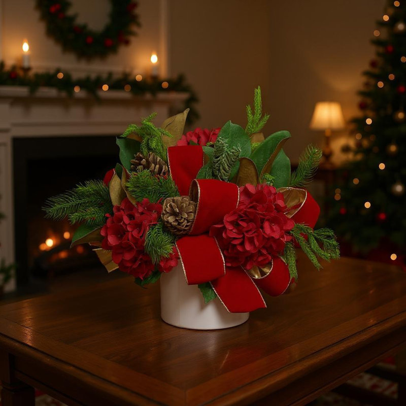 Holiday Arrangement with Hydrangeas, Pinecones and Bows, Red