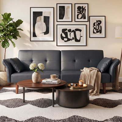 77''Faux Leather Upholstered Futon Sofa Bed with Armrests and Backrest Adjustable with Side Pockets
