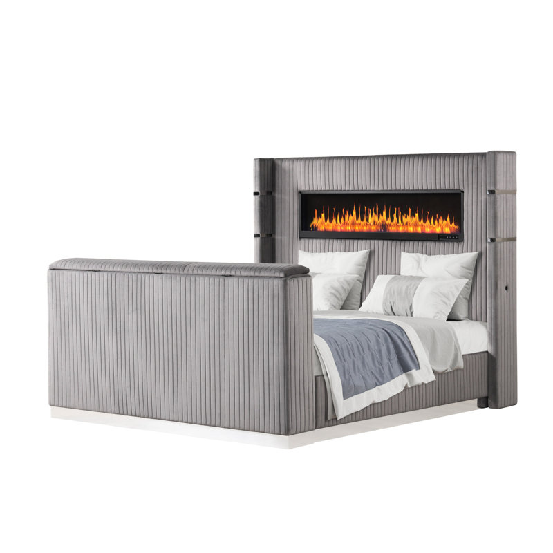 Lit moderne très grand en gris, tête de cheminée et meuble télé, Gris
