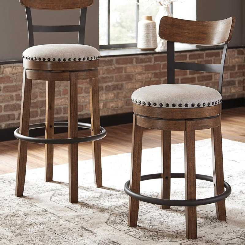 30″ Farmhouse Pub-Height Swivel Barstool With Back – Upholstered Cushion, Nailhead Trim, Metal & Wood Frame, Brown