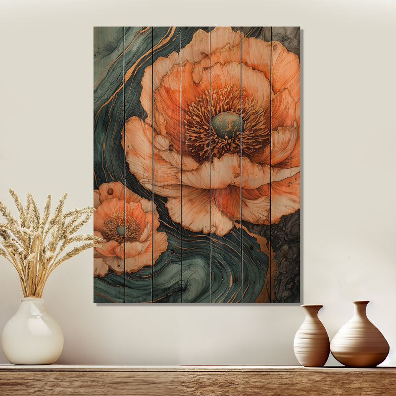 Orange Peonies On Geode Stone Wilde II - Peonies Wood Print - On Natural Pine Wood, 44" H x 34" W x 0.78" D