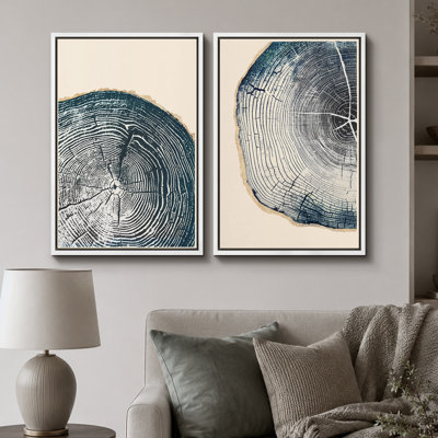 «Tree Ring», œuvre de souche en bois bleu marine, images murales simples et rustiques modernes, ensemble de 2 reproductions d'art sur toile, 16 x 24 x 2, 24 x 36 x 2