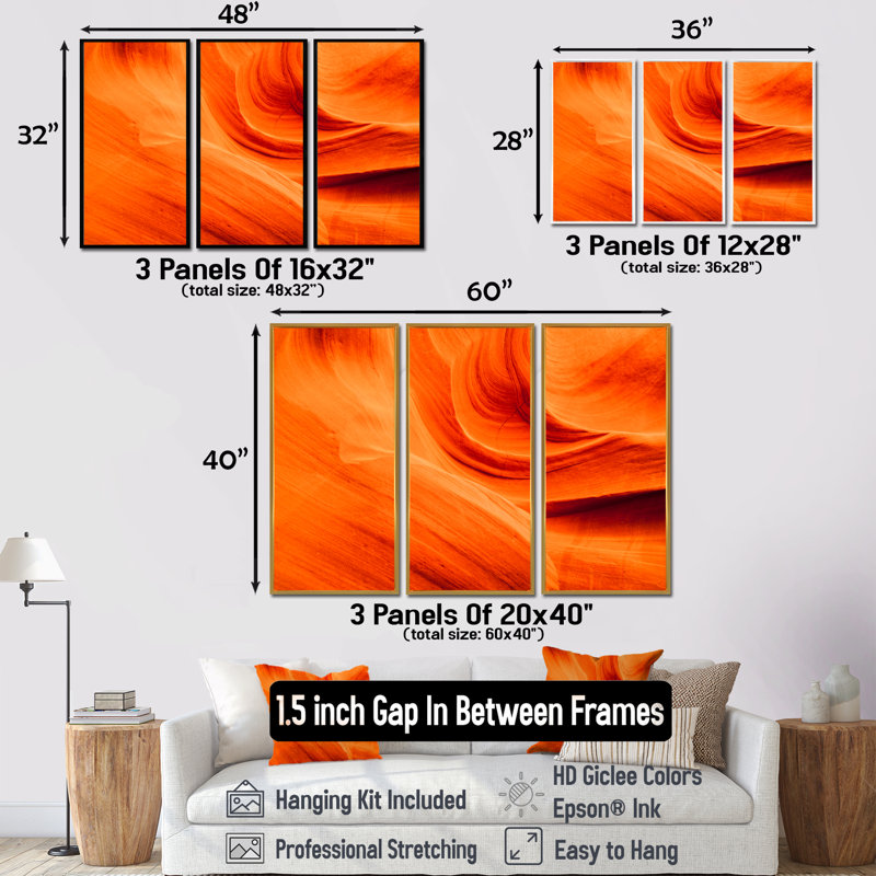 " Orange Upper Antelope Canyon " 3 - Pieces, 40" H x 60" W, Silver