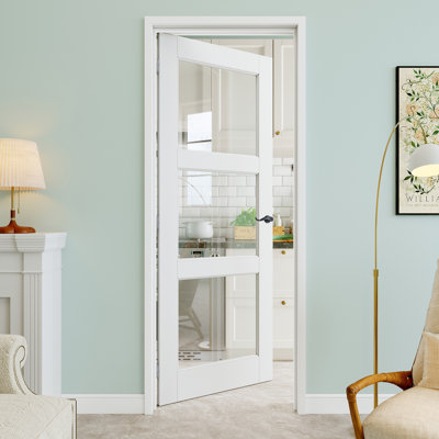 Porte pré-suspendue en verre transparent 30 po x 80 po à 3 lumières avec levier incurvé et charnières argentées, dalle de porte en verre transparent, peint et imperméable, combinaison pour la lessive, portes de placard, portes de pièce, main gauche