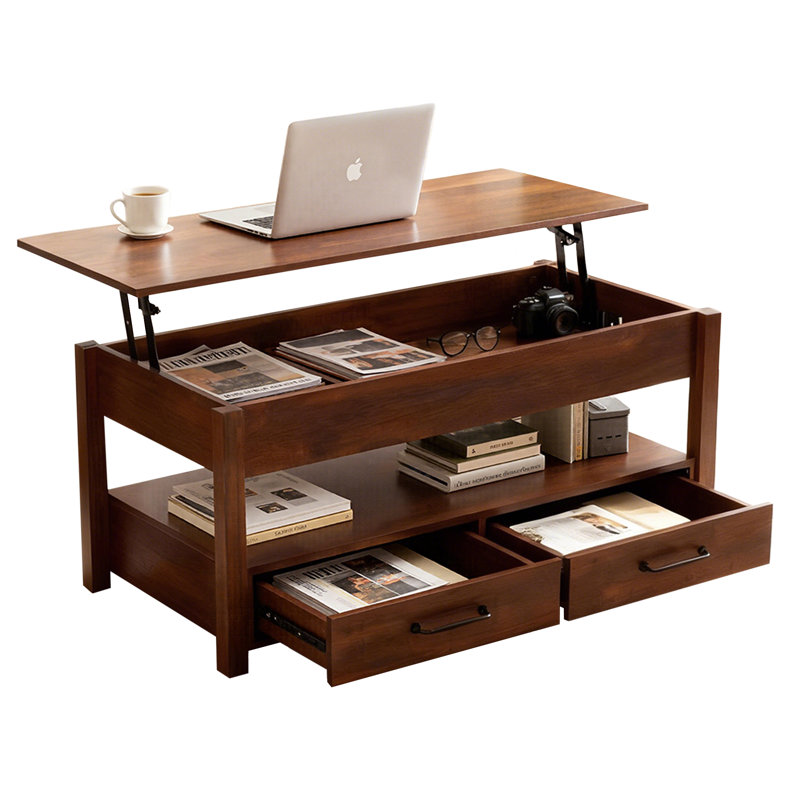 Lift Top Coffee Table with Drawers and Hidden Compartment, Brown