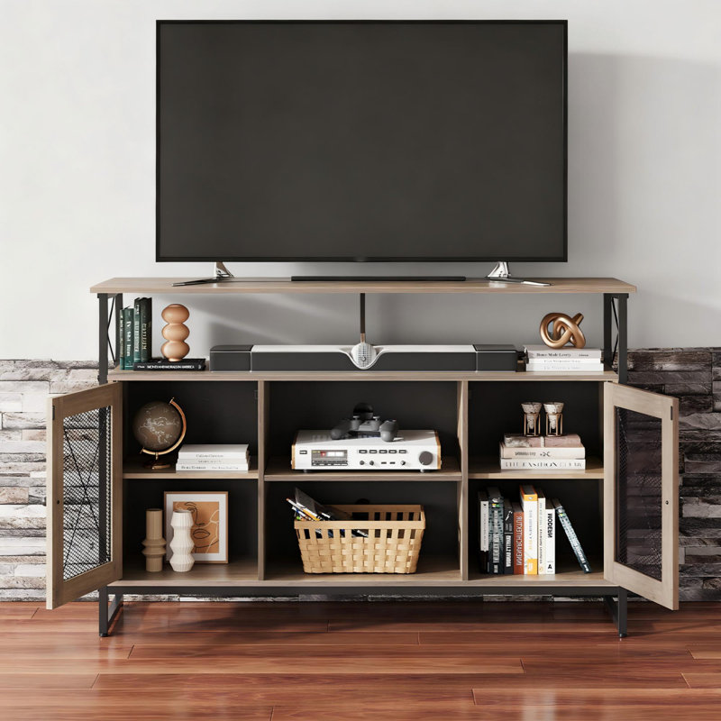 Meuble télé avec tablettes réglables et structure en métal Laly, meuble télé 50,4 po avec armoires de rangement, meuble télé moderne et industriel pour salon, chambre