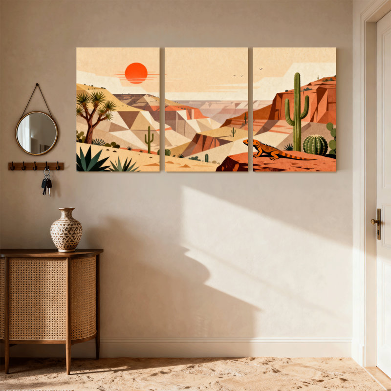 Paysage et nature, paysage désertique avec cactus et lézard, ensemble de 3 impressions sur toile, H 36 po x l 72 po