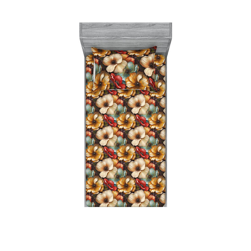 Drap-housse et taies décoratives 3 pièces Ambesonne, Ambre et écume de mer / motif floral brun