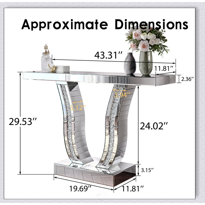 Console à miroir de 43 pouces, canapé d'entrée argent moderne avec pieds courbés incrustés de pierre, table d'entrée glam argentée pour le salon, table d'appoint de luxe moderne, table de vestibule de couloir