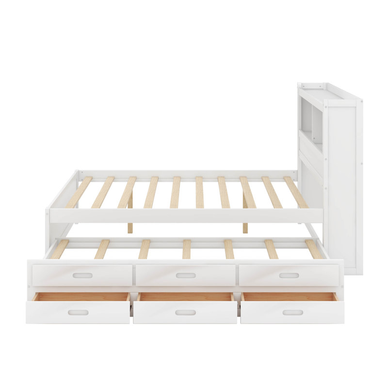 Lit plateforme double avec lit gigogne, tiroirs et port USB, Blanc