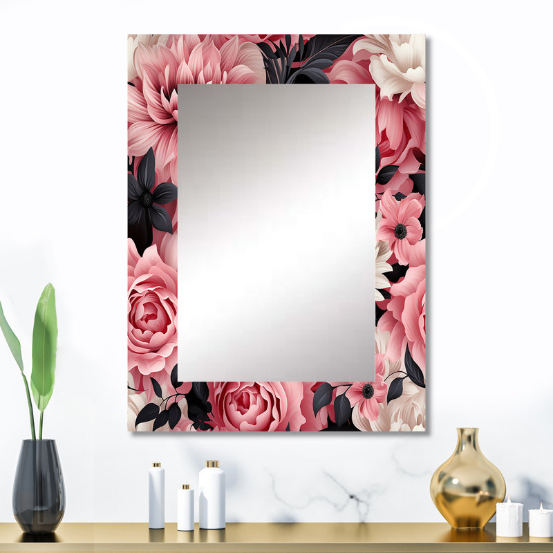Piumafua, poésies damassées roses - miroir mural décoratif floral, miroir de chalet, impression d'art en métal, 32 po x 24 po