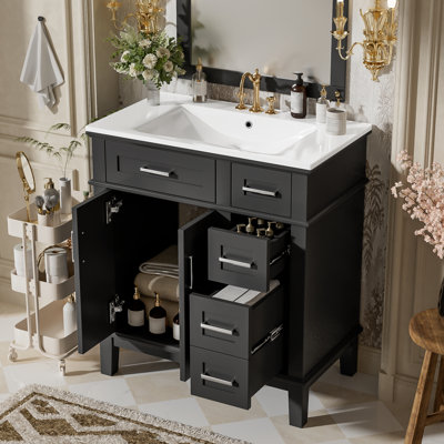Phelan Modern Wood Bathroom Vanity with Ceramic Sink, Soft-Close Doors, Dual Drawers, and Storage Cabinet