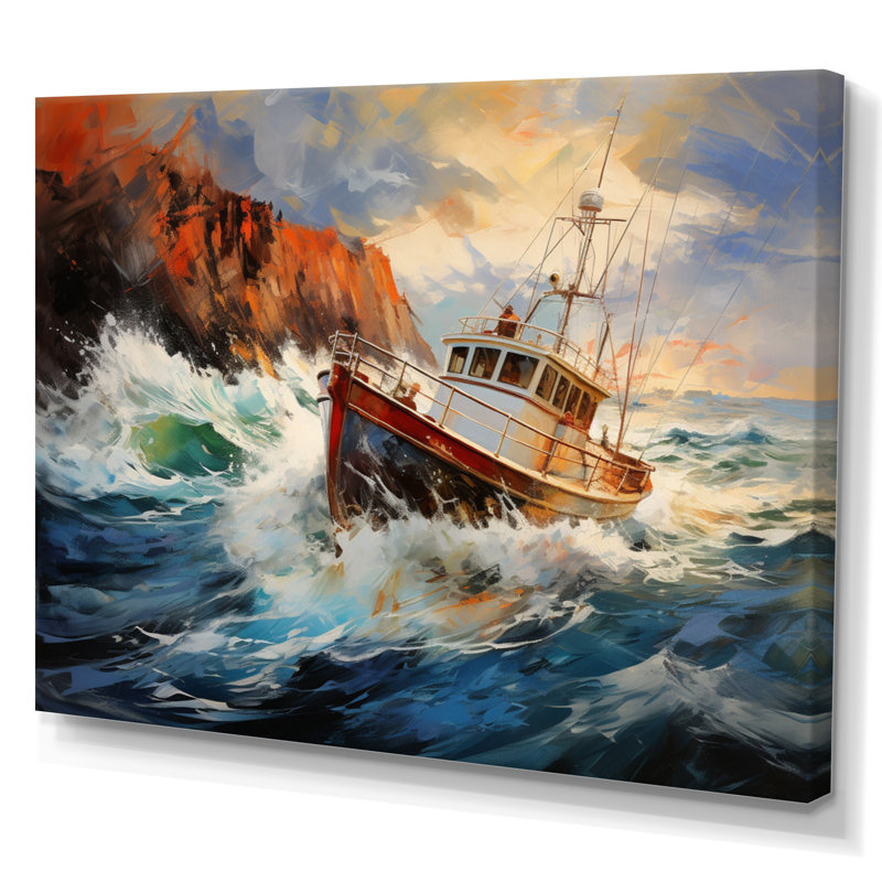 Tempête rêveuse de bateau de pêche - impression, H 16 po x l 32 po x P 1 po, Toile tendue