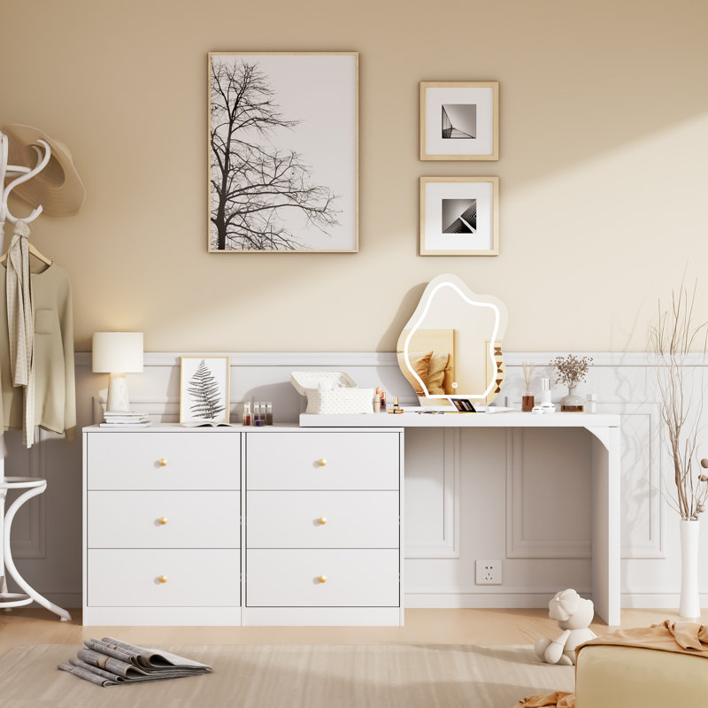 Gouldin Vanity Desk with Lighted Mirror, Extendable Vanity Table with 6 Drawers