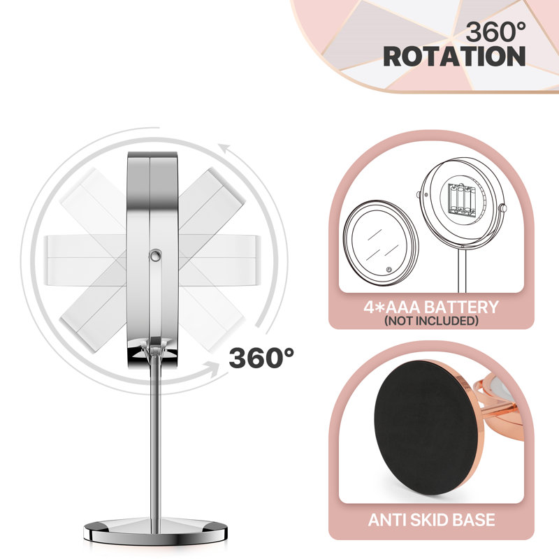 Circular Free Standing LED Make Up Mirror 10X Magnification, 360 Degree Swivel, Silver