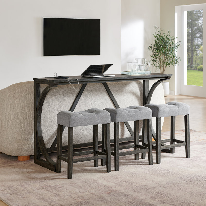 Ensemble de table multifonction 59 po avec station de charge intégrée et trois tabourets rembourrés, Noir, Noir/gris