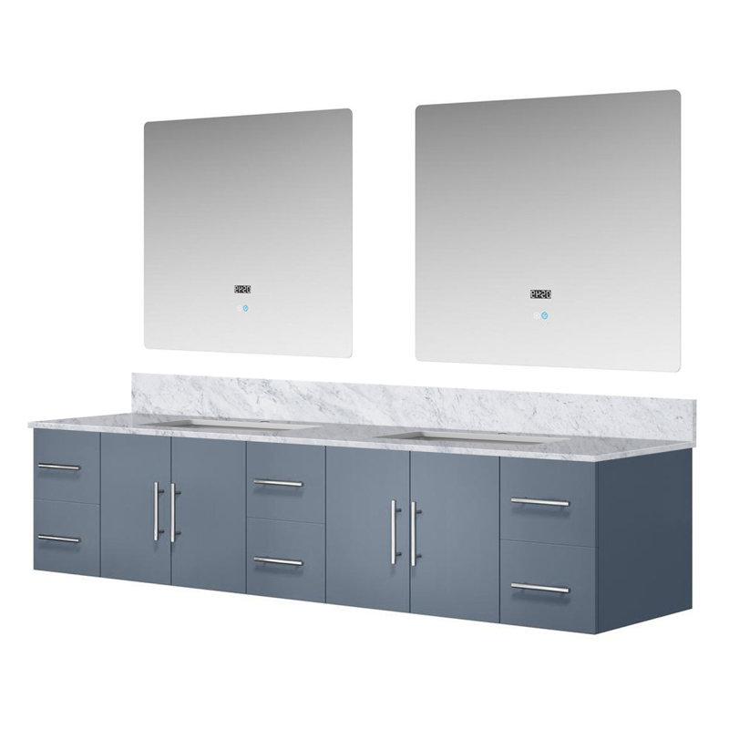 Meuble-lavabo double gris foncé l 84 po x P 22 po, comptoir en marbre de Carrare et miroirs à DEL 36 po