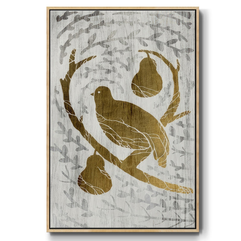 Perdrix dans un poirier - feuille d'or des Fêtes encadrée sur toile, H 25 po x l 17 po x P 1,5 po, Naturel