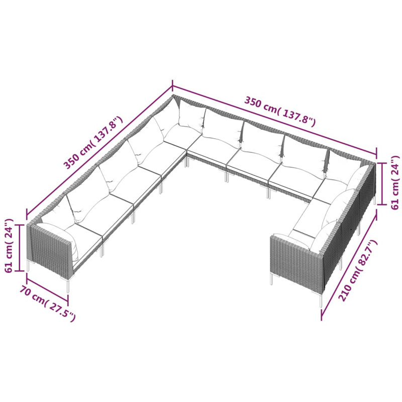 350cm Wide Outdoor Patio Sectional with Cushions