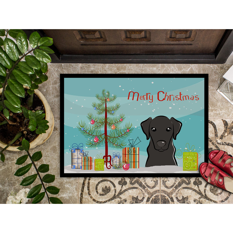 Tapis de porte pour l’extérieur anti-dérapant noir sapin de noël et noir labrador, Rectangle 2 pi x 3 pi