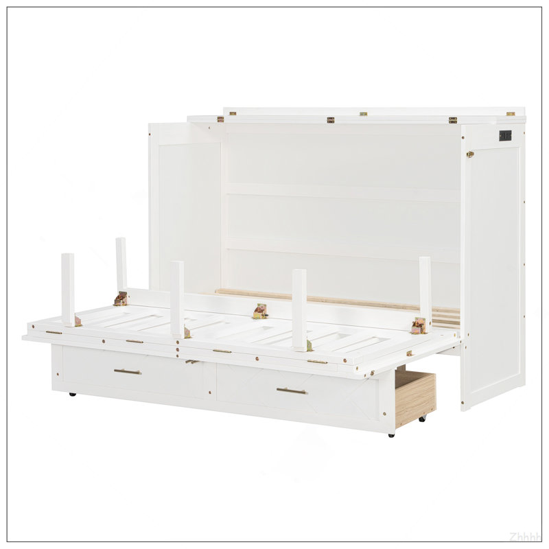 Grand lit escamotable mural avec tiroir et un ensemble de prises et de ports USB, Blanc