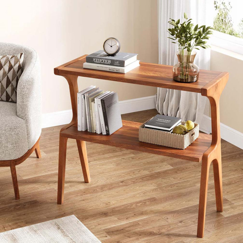 Mid Century Modern 27.56" Solid Wood End Table – Narrow Farmhouse Side Table with 2-Tier Storage Shelf, Stylish Nightstand & Couch Side Table in Cherry Finish