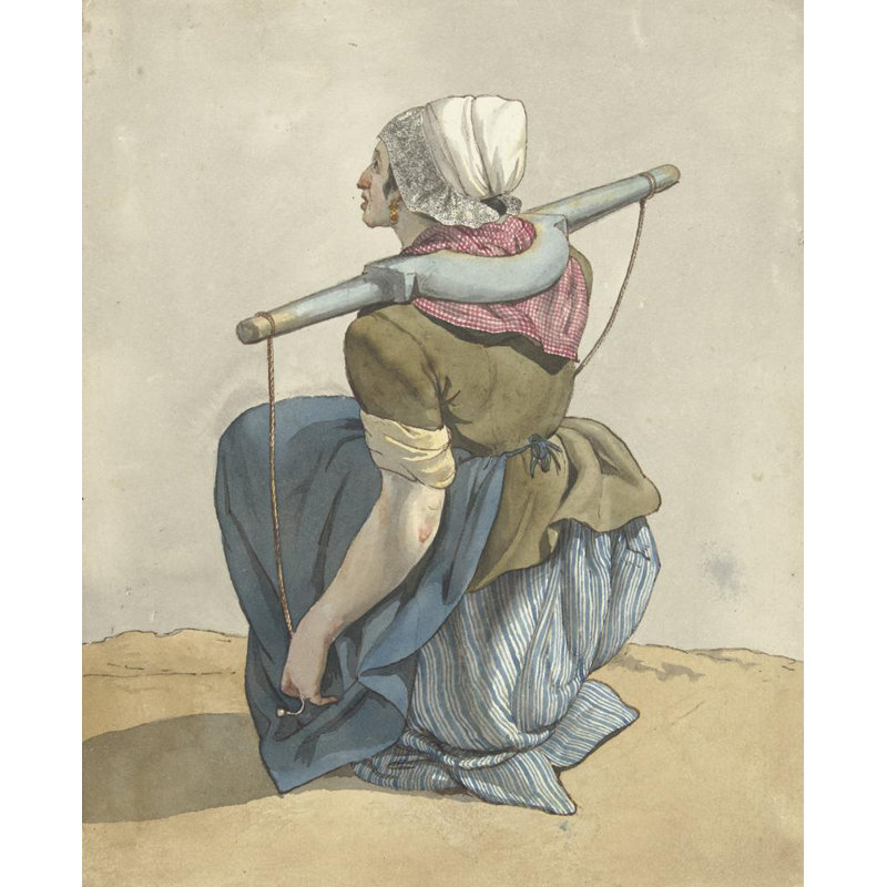 "Femme assise avec un joug sur les épaules" par W. Barthautz - Art mural sur toile tendue avec châssis, H 40 po x l 28 po