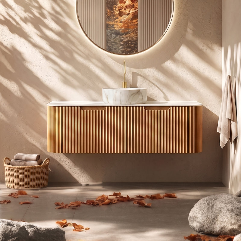 Meuble-lavabo de salle de bain à rebords incurvés pré-assemblés avec lavabo et tiroir en céramique, sans robinet, couleur grain de bois naturel
