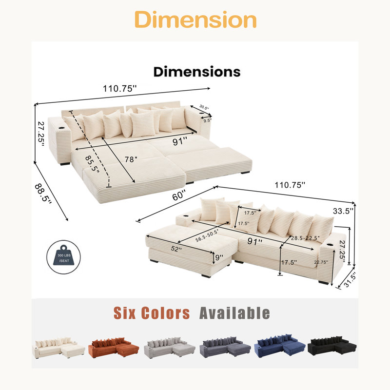 110.75" Modular L Shaped Sofa, Corduroy Fabric Sectional Couch,With A Movable Footstool, Cup Holders,Bring 8 Throw Pillows,Side Pocket,Unfold Into A Bed