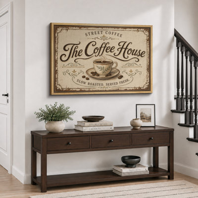 Street Coffee The Coffee House Vintage Cafe Sign Artwork, Kitchen Pictures, Framed Canvas Giclee Print Wall Art