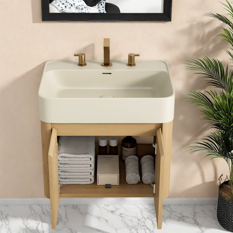Floating 36 Inch Vanity Cabinet and Sink, Modern Oak Finish Bathroom Storage, 23.62