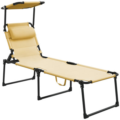 Outdoor Lounge Chair, Adjustable Backrest Folding Chaise Lounge, Cushioned Tanning Chair w/Sunshade Roof & Pillow Headrest for Beach, Camping, Hiking