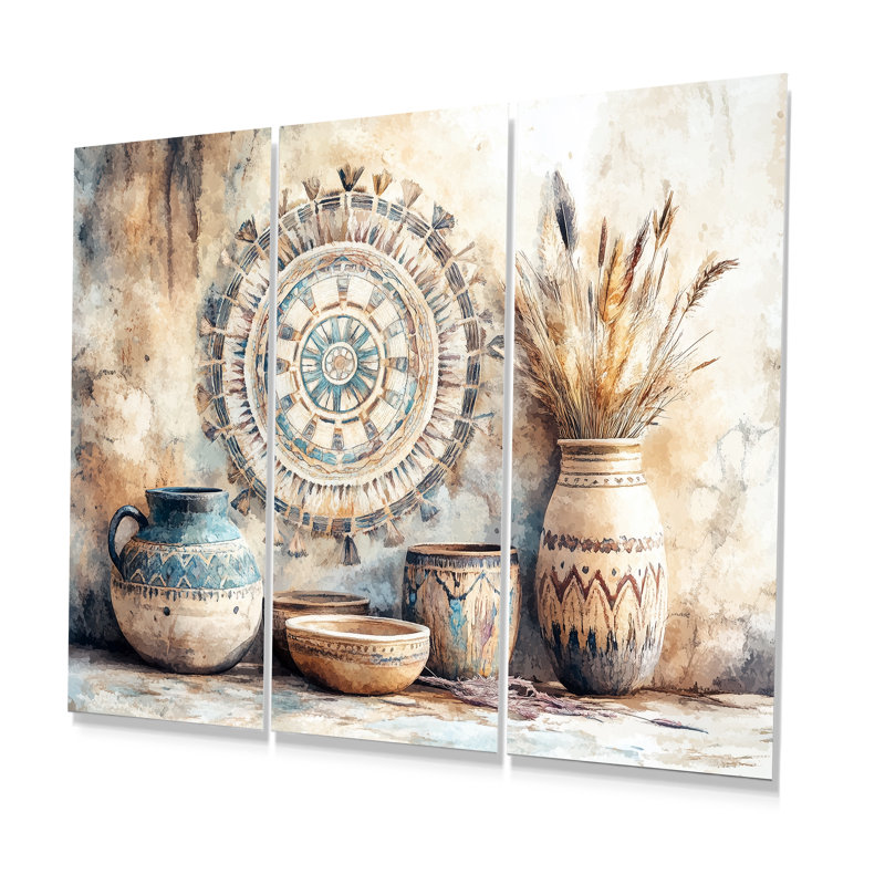 «Blue Brown Native Art Pottery Serenity - Boho Pottery», ensemble de reproductions d'art mural, H 28 po x l 36 po x P 1 po