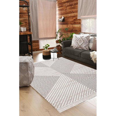 Tapis en coton réversible de qualité supérieure 31,5 po x 118,1 po Dobney | 100% coton, 0,16 pouce d'épaisseur, antibactérien, lavable à la machine à 86 ° F | Design beige élégant pour le salon, la chambre à coucher et la décoration intérieure
