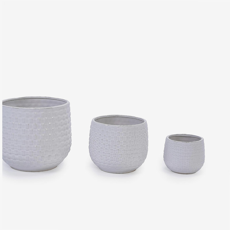 Handmade White Textured Ceramic Planter Set of 3 (9.45"×8.07", 7.48"×6.3", 5.31"×4.49"), Indoor & Outdoor Flower Pots for Orchids, Succulents by Window, Couchside - Breathable Clay