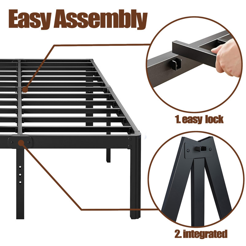 Queen Black Metal Frame Bed with Slats and Rounded Corners