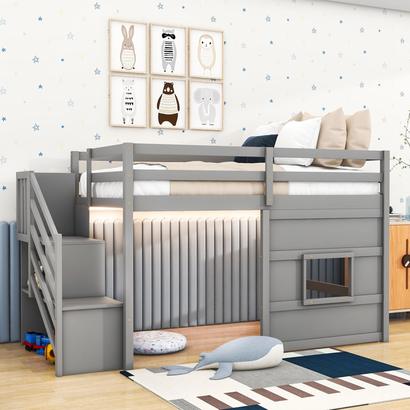 Hanzelin Twin Size Loft Bed with Storage Staircase and Window, Gray