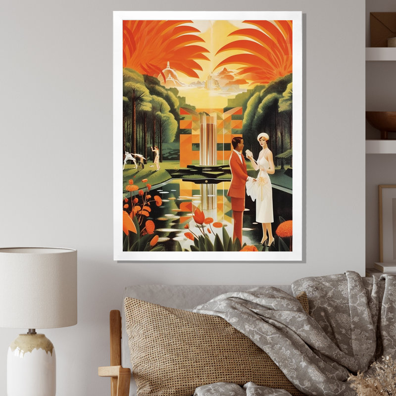 Art déco, dame en blanc, aventure cosmopolite - mode femme, art mural pour le salon, Cadre simple blanc
