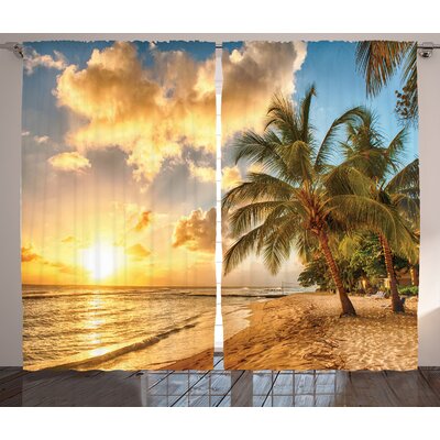 Scenery Tropic Sandy Beach with Horizon at Sunset and Coconut Palm Trees Summer Photo Graphic Print & Text Semi-Sheer Rod Pocket Curtain Panels -  Ambesonne, p_19326_108x84