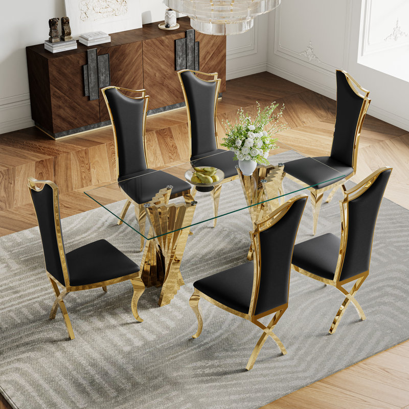 Ensemble repas, Doré, Noir et or, 7 pièces : table, 6 chaises
