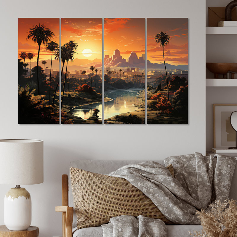 Sunset Los Angeles Cityscape Angel Canvas Art Set