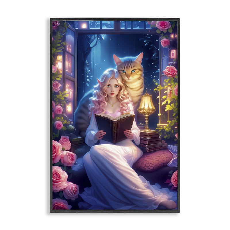 «Mysterious Girl & Cat», giclée encadrée, design par Image World, H 18 po x l 12 po, Giclée encadrée noir minuit