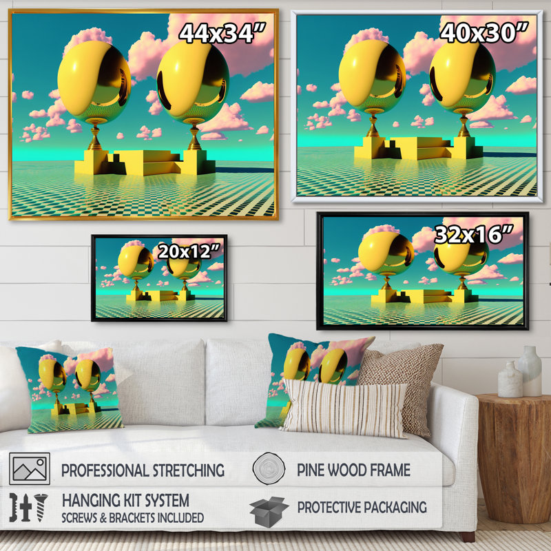 " Golden Spheres Infinity I ", 16" H x 32" W x 1" D, Black Floater Framed Canvas