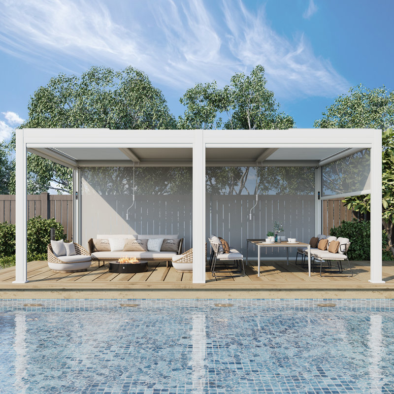 20 ft. W x 12 ft. D Outdoor Louvered Pergola with Auto-Adjustable Side Screen, Rainproof Roof, Thickened Aluminum Frame, and Remote-Controlled Light String for Deck, Patio & Hot Tub