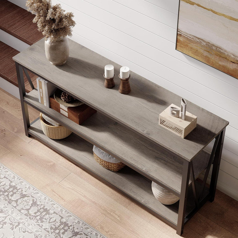 55" Wooden Fluted Console Table, 3-Tier Sofa Table for Entryway & Living Room Behind Couch, Brown Wood