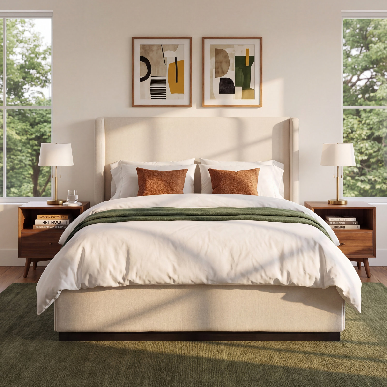 Upholstered Panel Bed, King, Beige Linen Textured Fabric