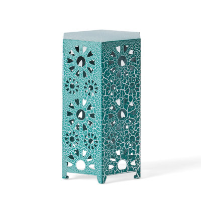 12" Side Table - Iron With Crackle Teal Finish Modern Cut Out Design Lightweight, Stylish For Patio, Living Area No Assembly Pattern Lightweight & Versatile Room Needed