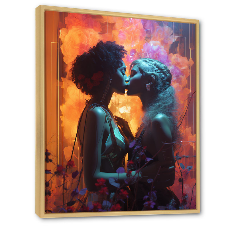 «Retro Love Couple Kissing» sur impression sur toile, 32" H x 16" W, Cadre flottant brun