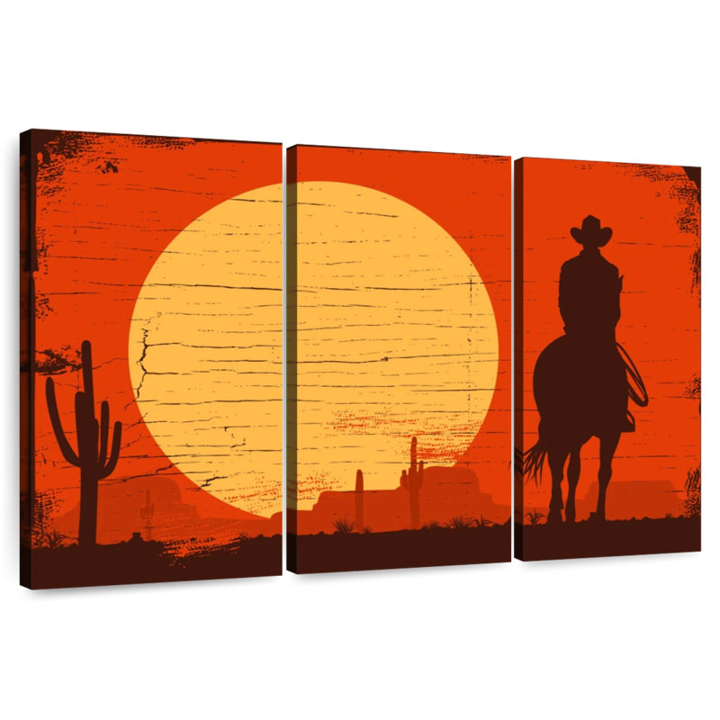 Silhouette de cowboy au coucher du soleil, H 48 po x l 74 po